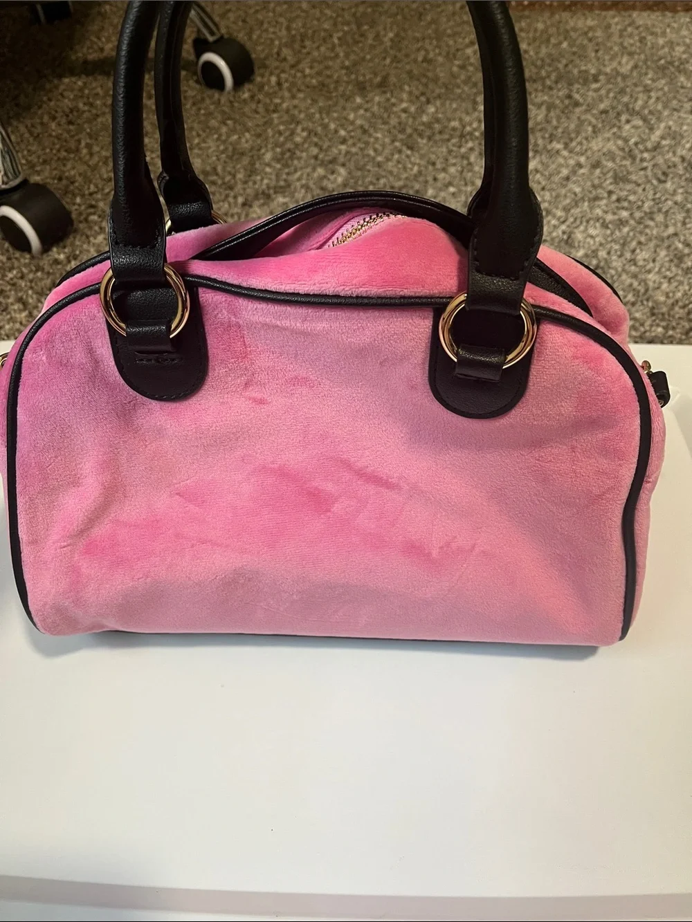 Juicy Couture Pink Velvet Satchel with Black Trim and Heart Charm
